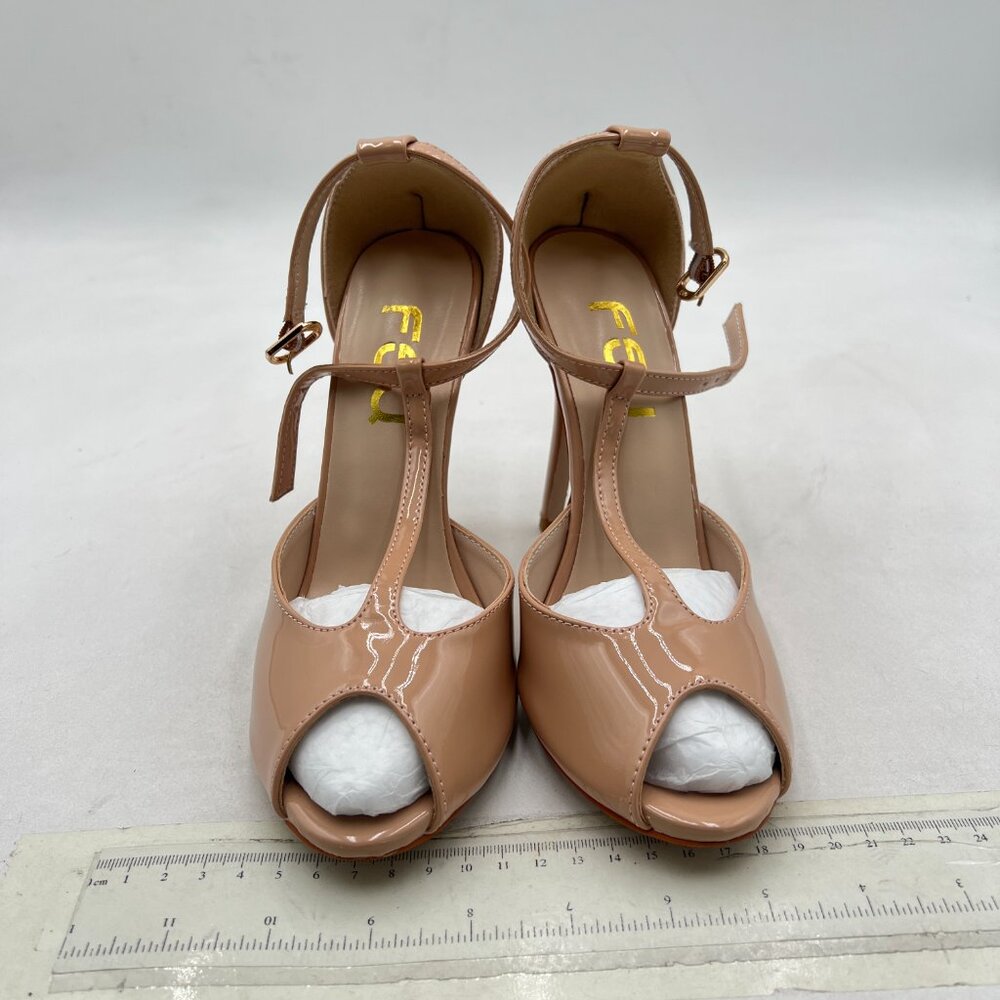 FSJ Nude Peep Toe T-strap High Heeled Sandals Ankle Strap Spring Summer Shoes - Picture 3 of 8